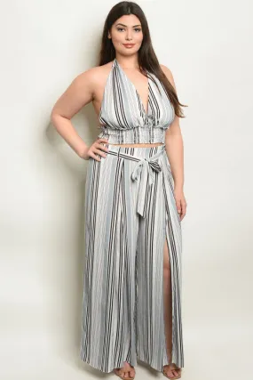2pc Gray Stripe Plus Size Palazzo Pants Set