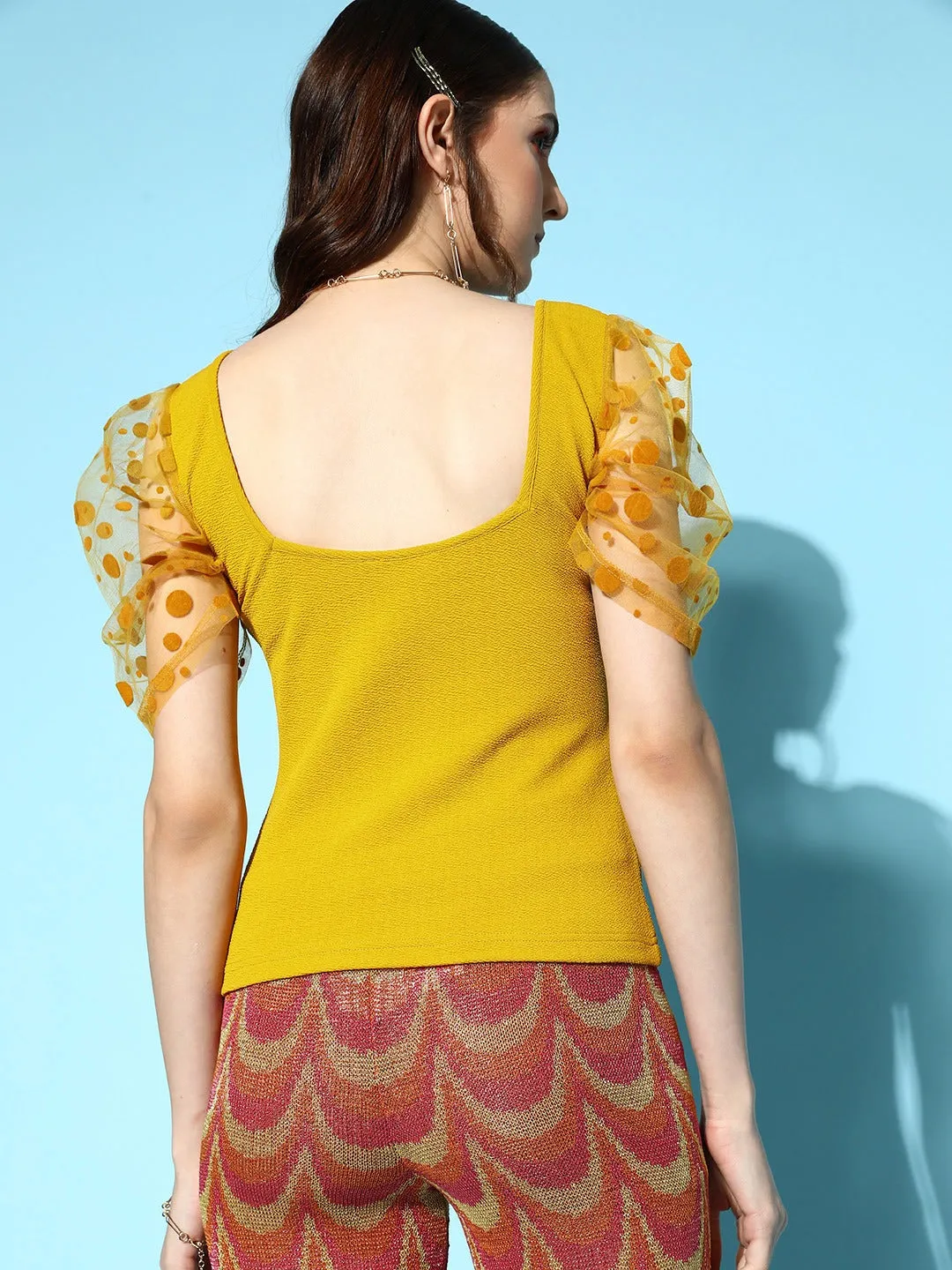Berrylush Women Solid Yellow Sweetheart Neck Puff Polka Dot Printed Sleeve Crepe Regular Top