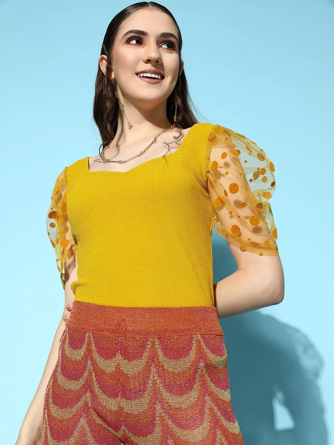 Berrylush Women Solid Yellow Sweetheart Neck Puff Polka Dot Printed Sleeve Crepe Regular Top