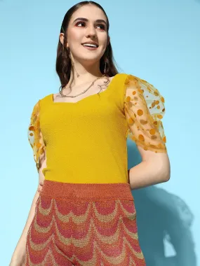 Berrylush Women Solid Yellow Sweetheart Neck Puff Polka Dot Printed Sleeve Crepe Regular Top