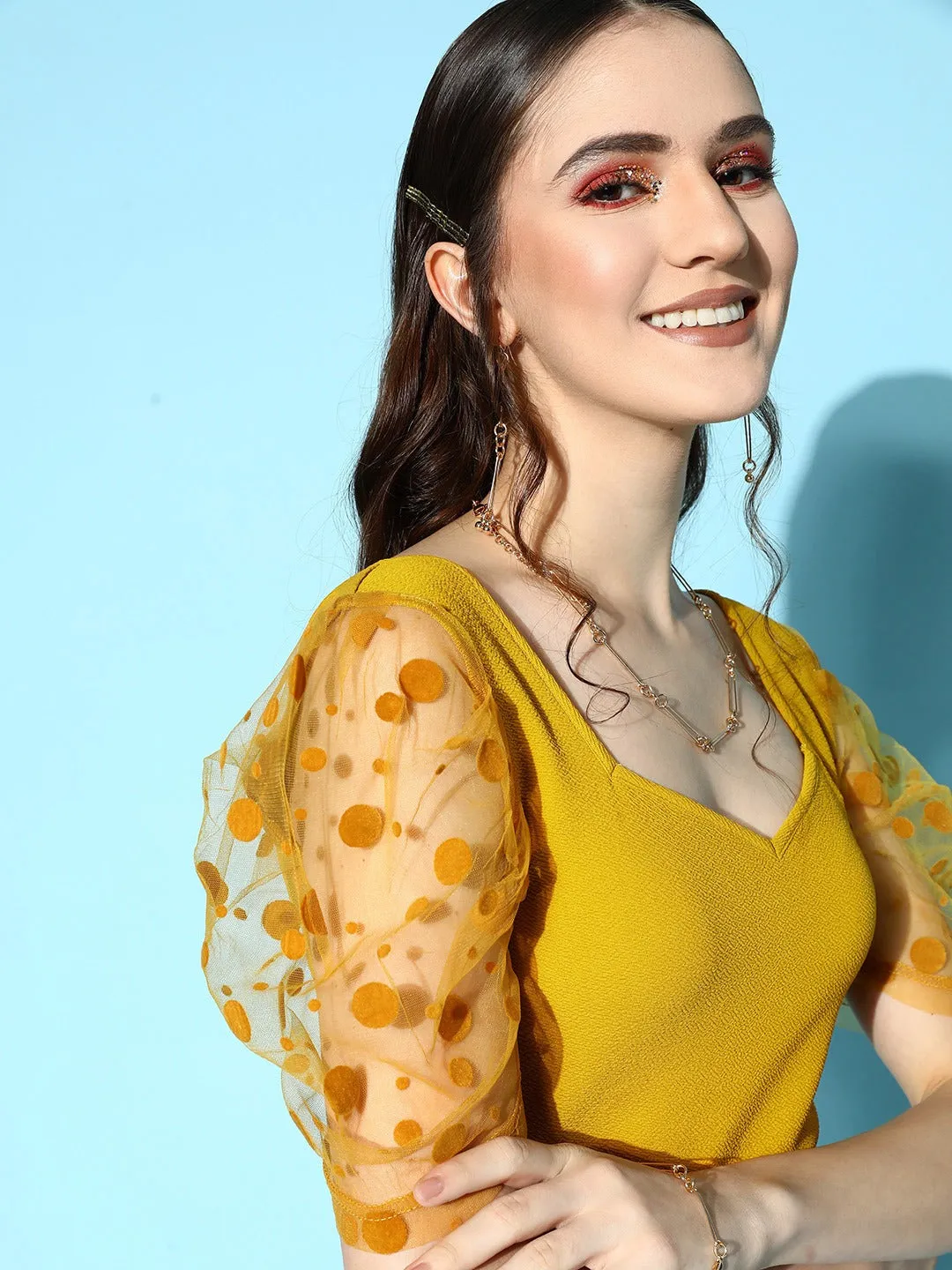 Berrylush Women Solid Yellow Sweetheart Neck Puff Polka Dot Printed Sleeve Crepe Regular Top