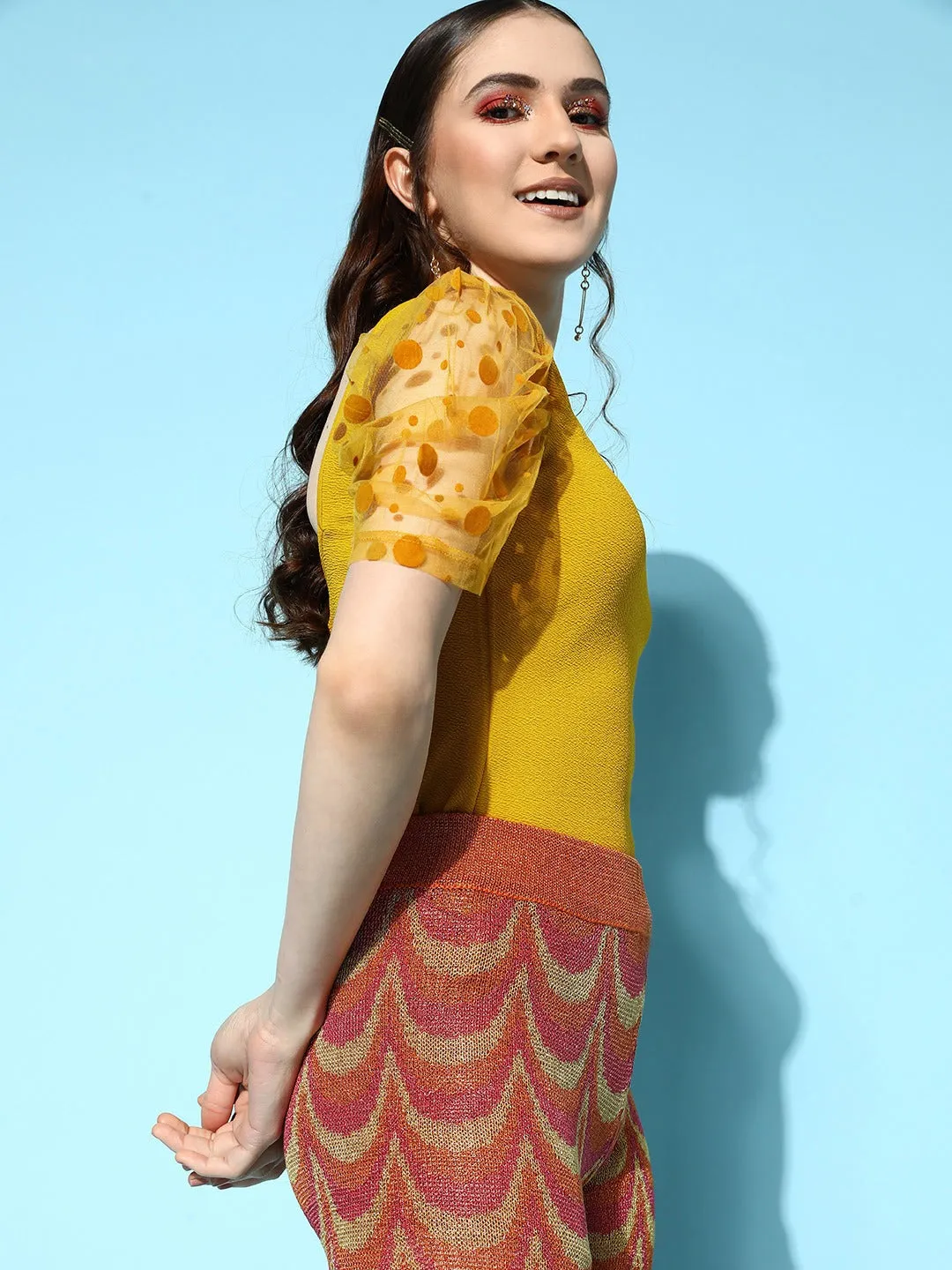 Berrylush Women Solid Yellow Sweetheart Neck Puff Polka Dot Printed Sleeve Crepe Regular Top