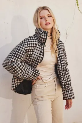 Bone Black Houndstooth Stand Collar Puffer Jacket