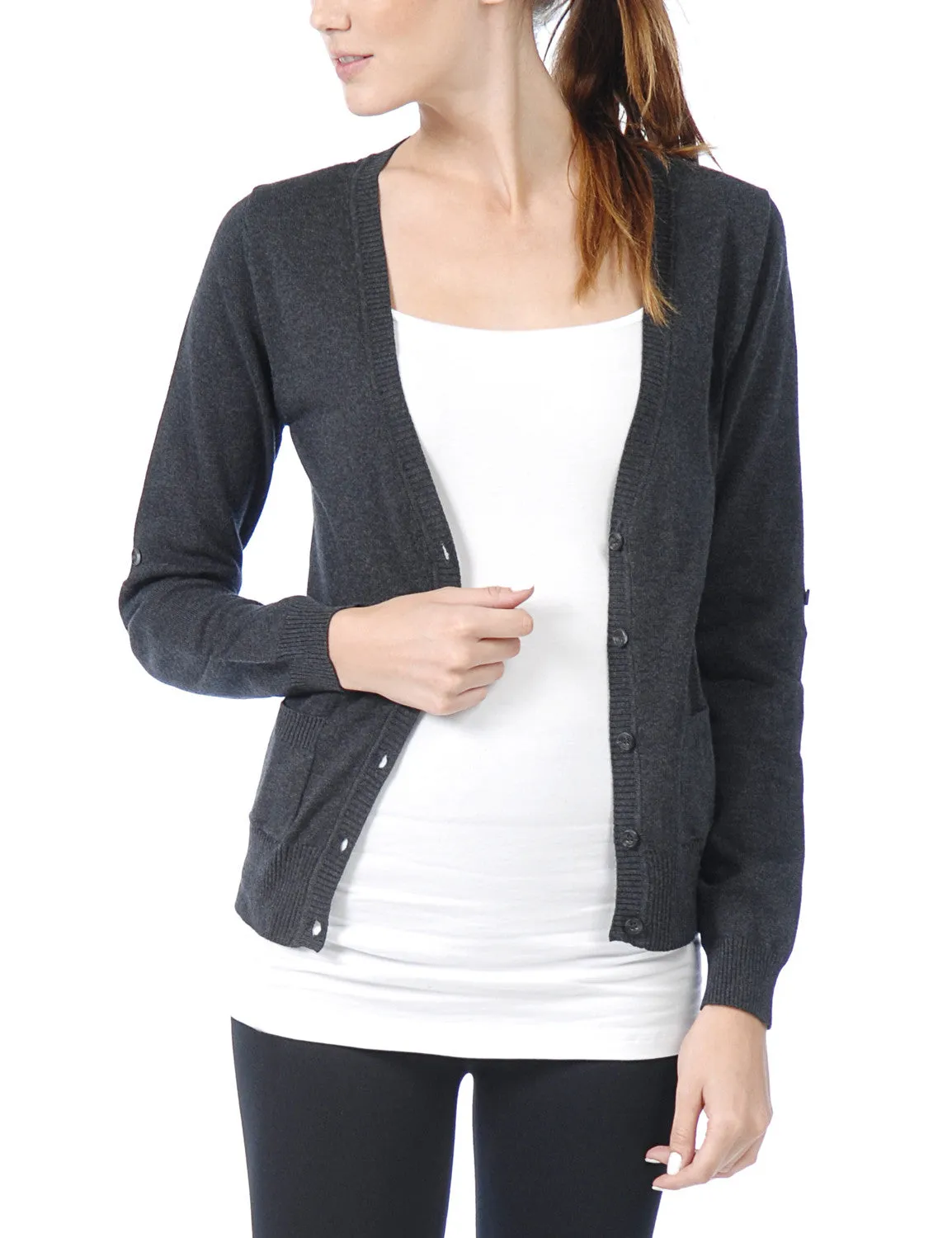 Classic Long Sleeve Deep V Neck with Adjustable Roll Up Sleeve