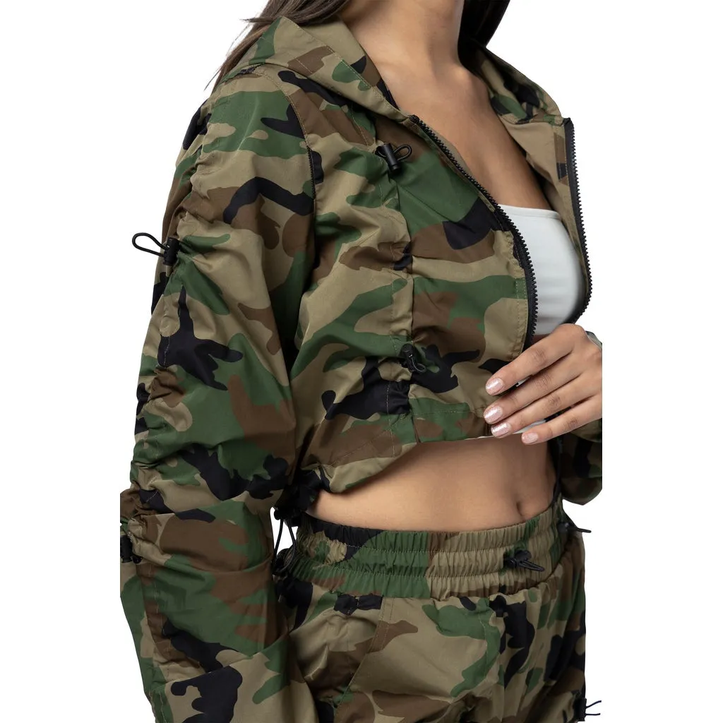 Cropped Full Zip Hoodie Jacket - Wood Camo