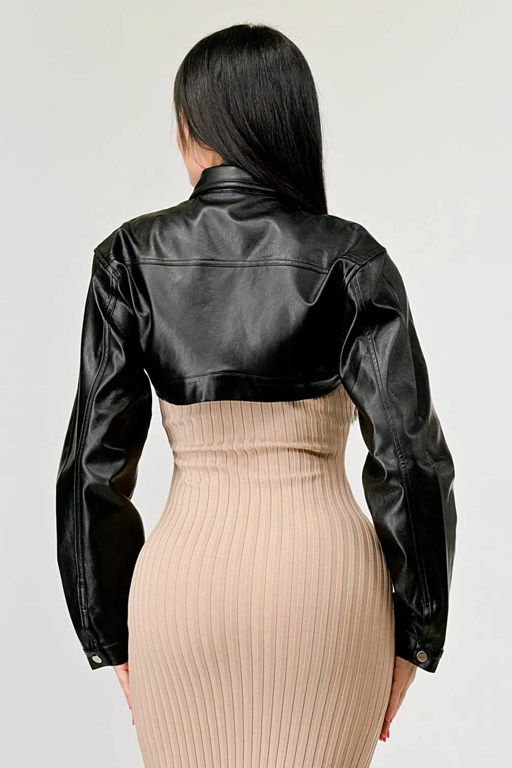 FAUX LEATHER PLEATHER BOLERO CROPPED JACKET