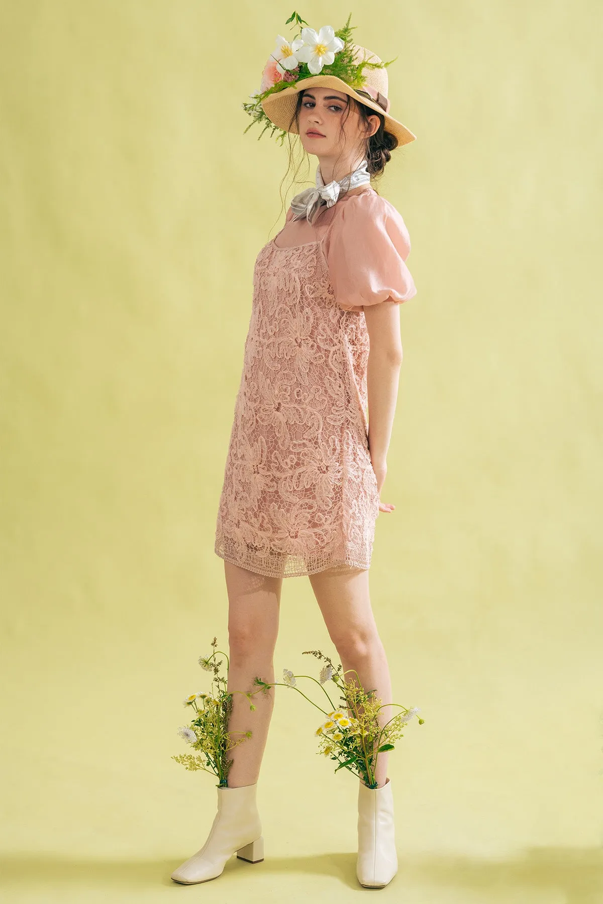 Heallinthe Puff Sleeve Top and Lace Camisole Short Dress Set