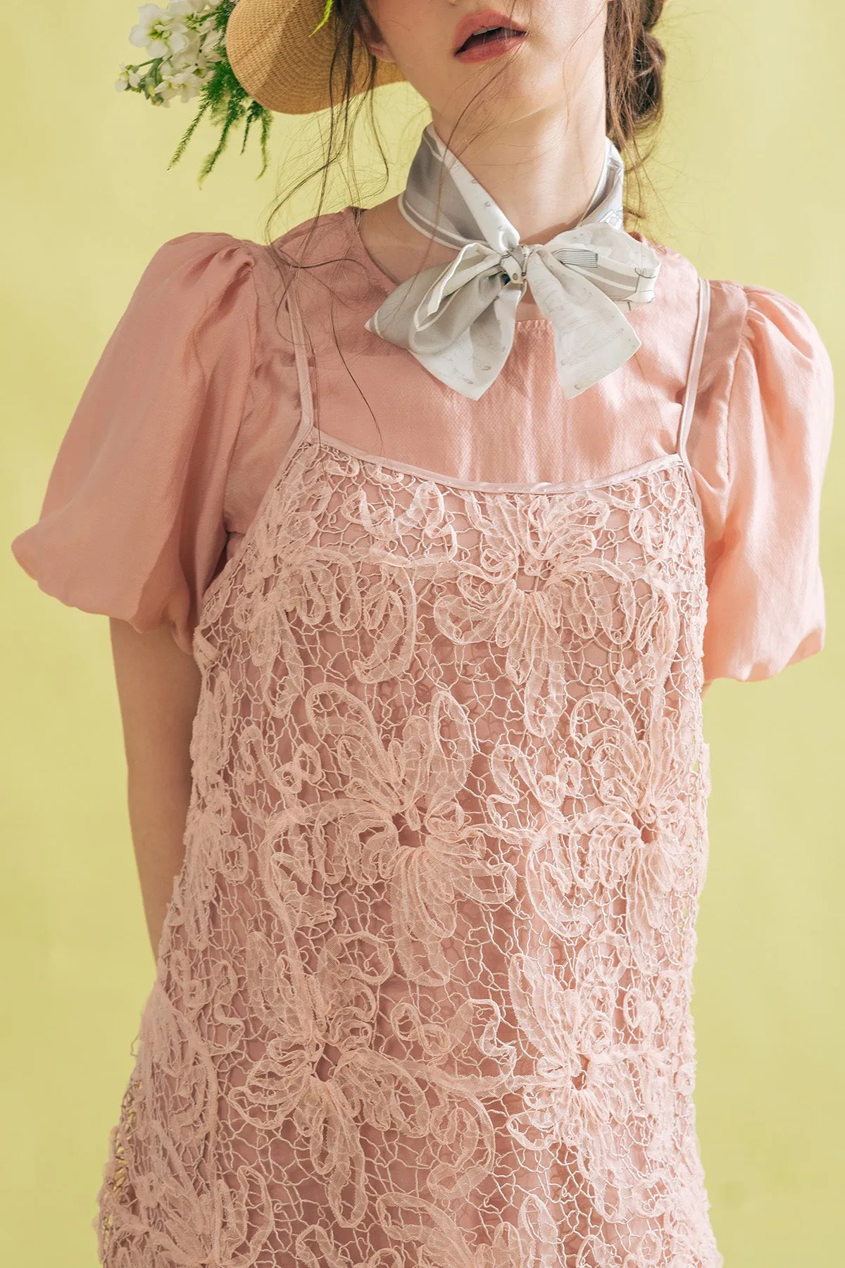 Heallinthe Puff Sleeve Top and Lace Camisole Short Dress Set