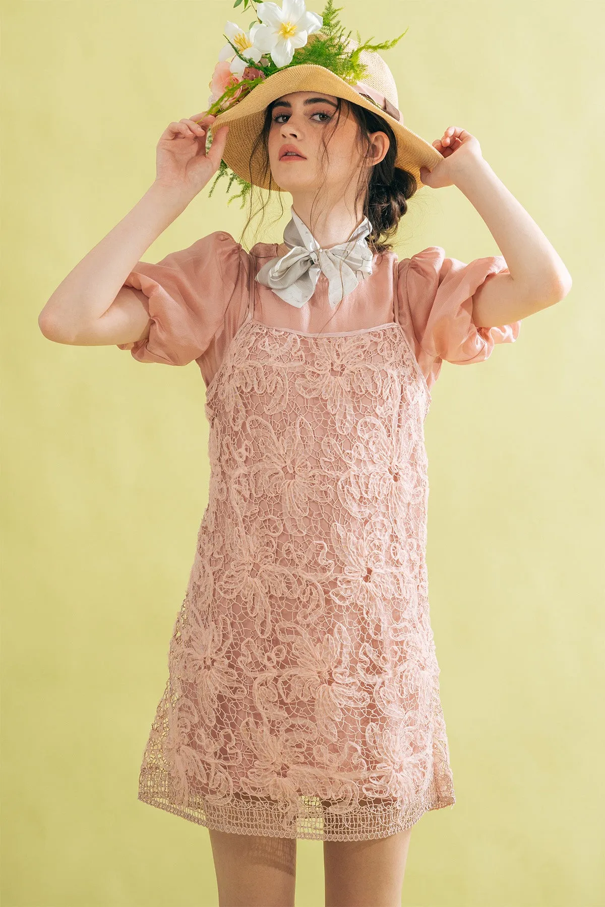 Heallinthe Puff Sleeve Top and Lace Camisole Short Dress Set