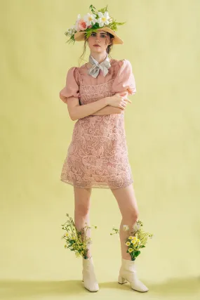 Heallinthe Puff Sleeve Top and Lace Camisole Short Dress Set