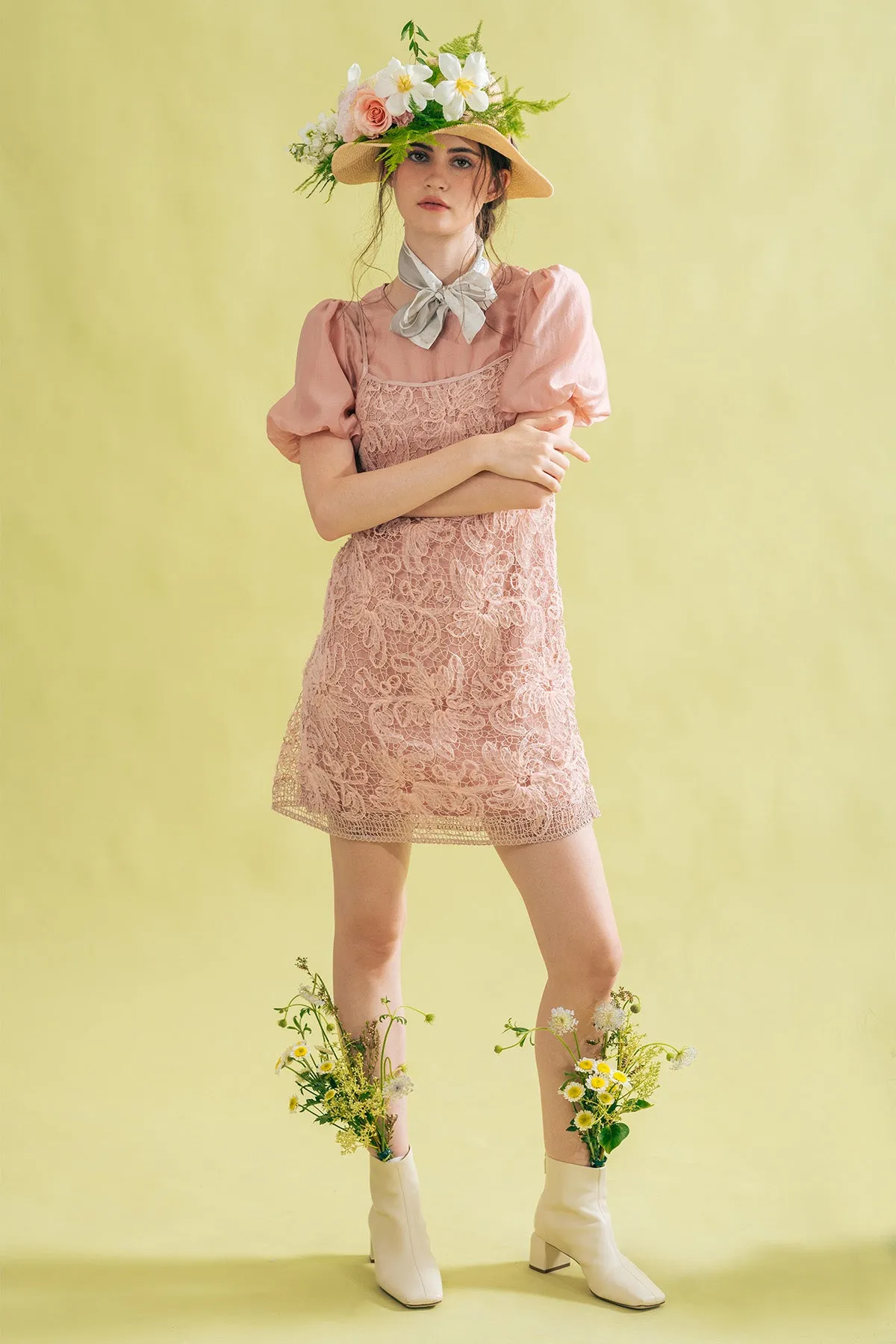 Heallinthe Puff Sleeve Top and Lace Camisole Short Dress Set