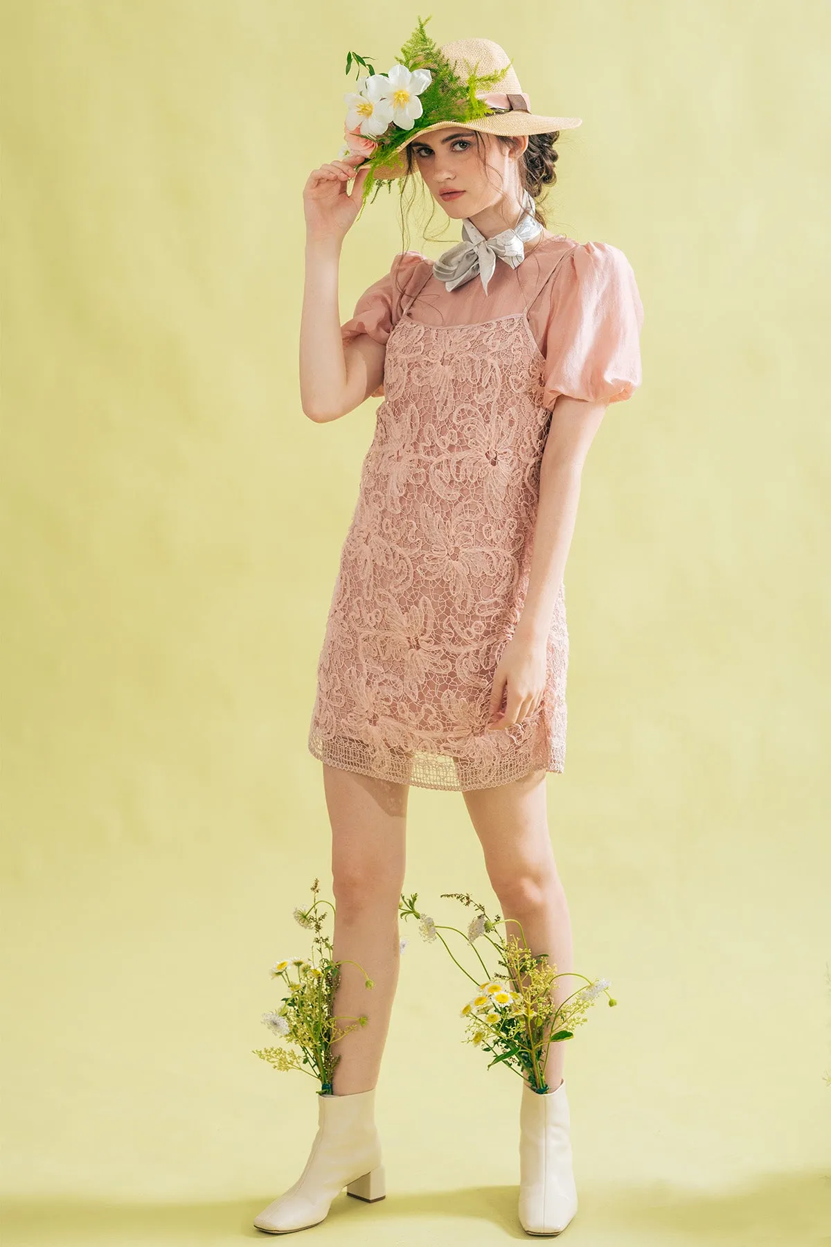 Heallinthe Puff Sleeve Top and Lace Camisole Short Dress Set