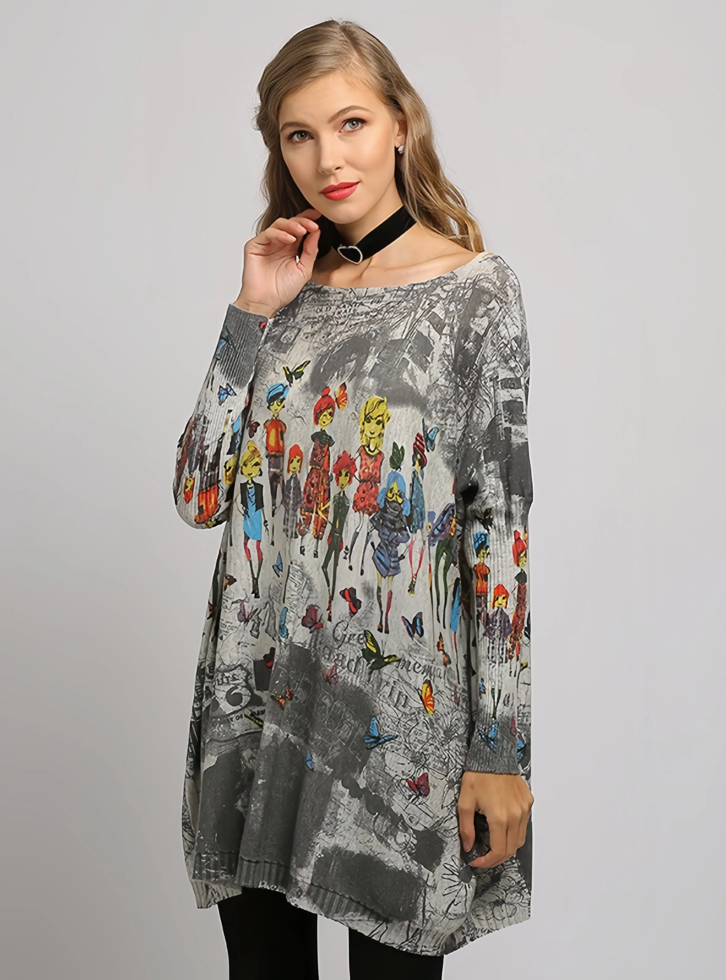 Large Size Printed Bat Sleeve Sweater