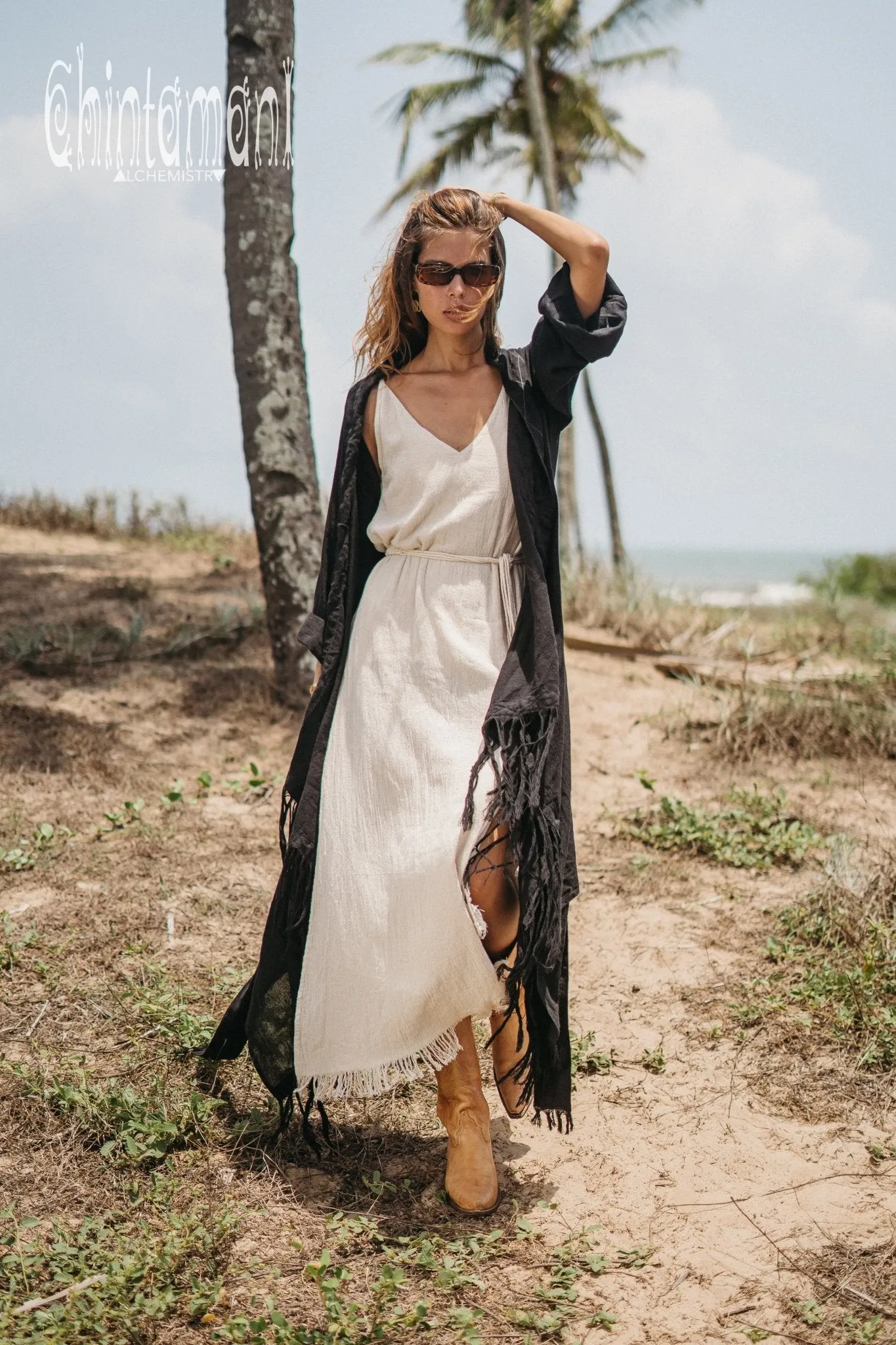 Long Fringe Kimono Wrap Cardigan for Women / Aroha Tino Black