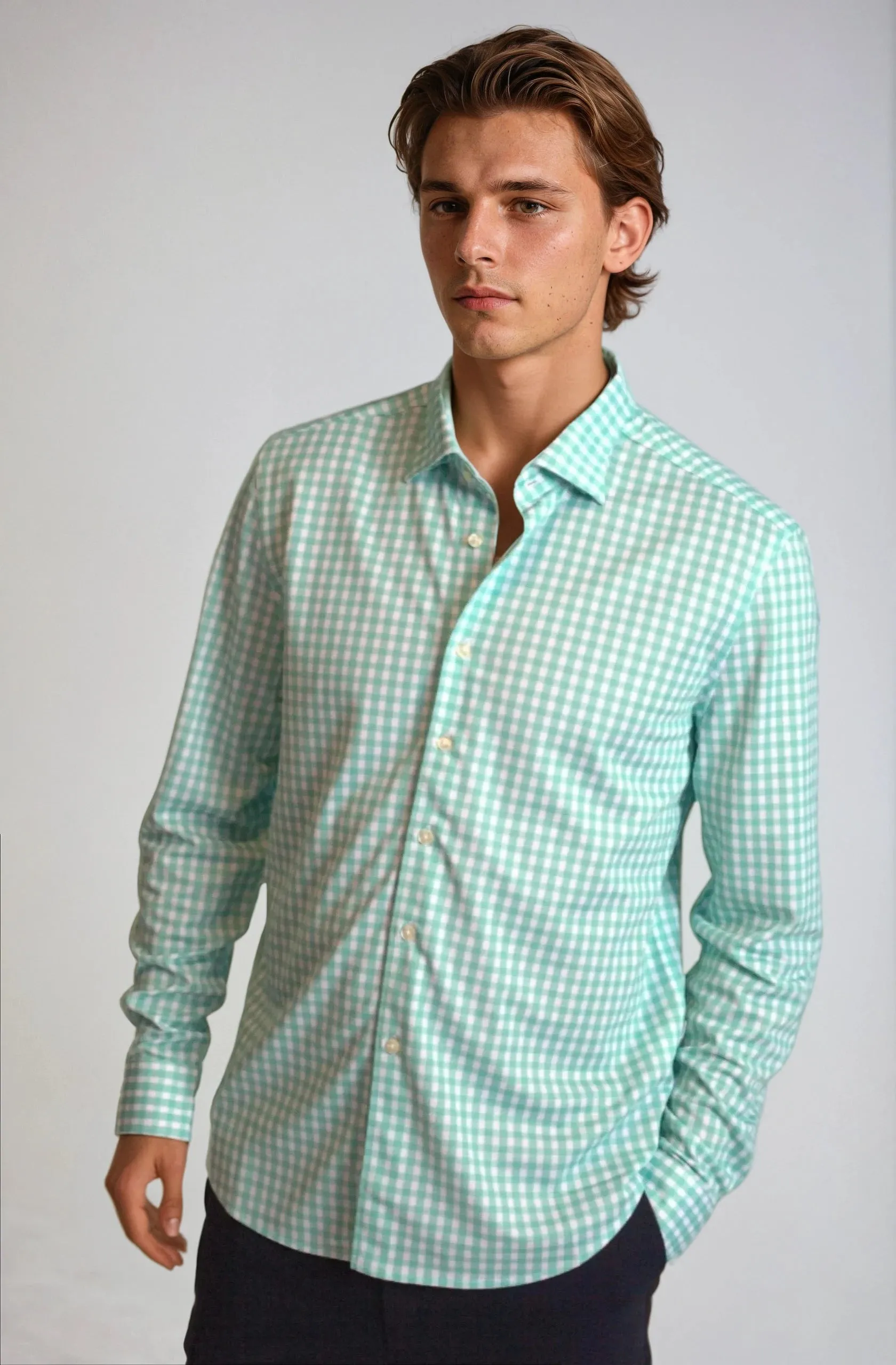 Mauro Long Sleeve Check Tech Shirt - Emerald