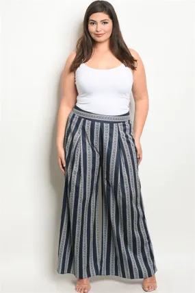 Navy Blue and White Wide Leg Plus Size Pants