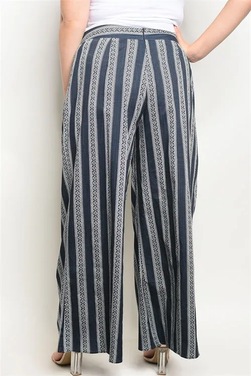 Navy Blue and White Wide Leg Plus Size Pants
