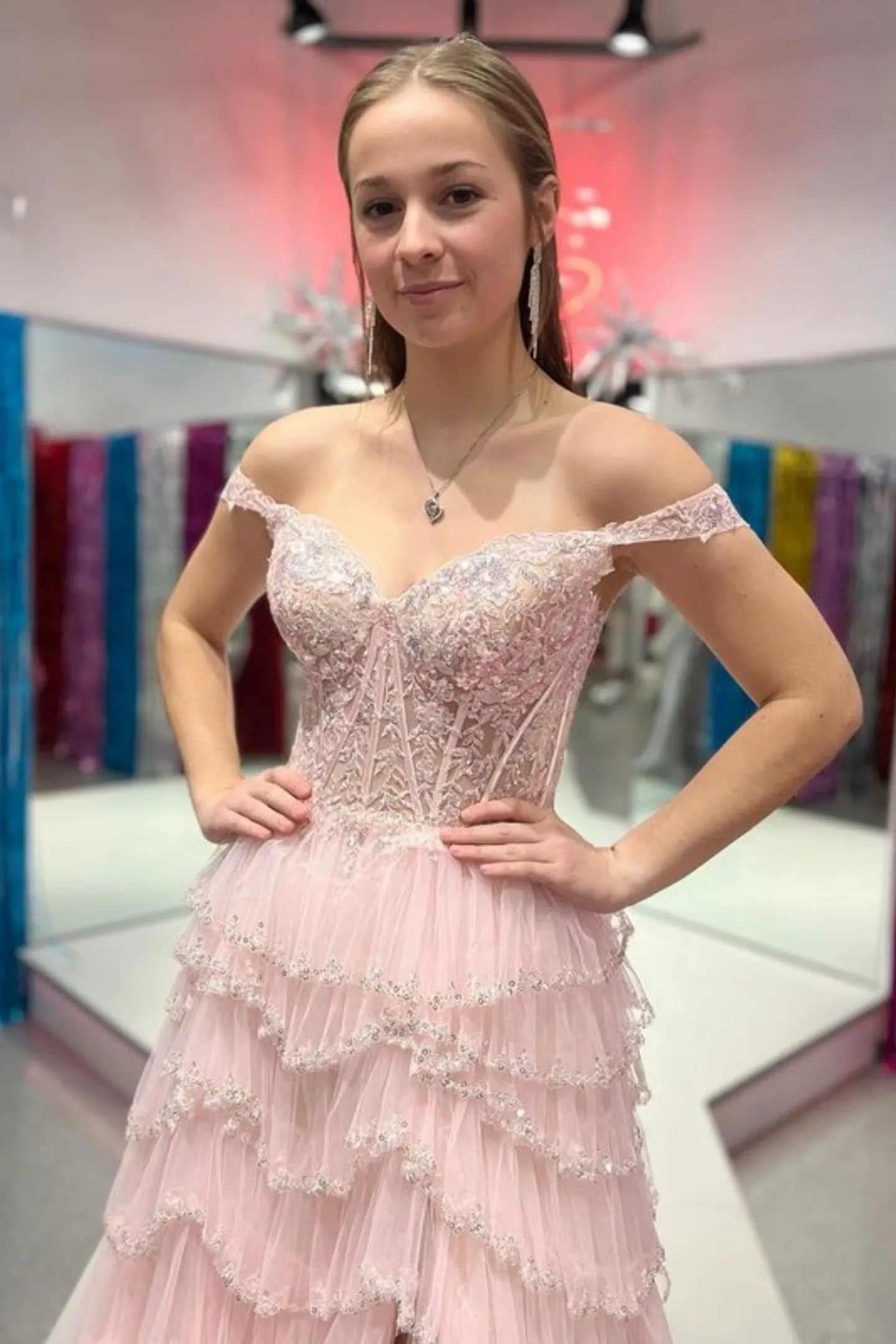 Off Shoulder Pink Lace Long Prom Dress with High Slit, Layered Pink Lace Formal Dress, Pink Evening Dress A2130