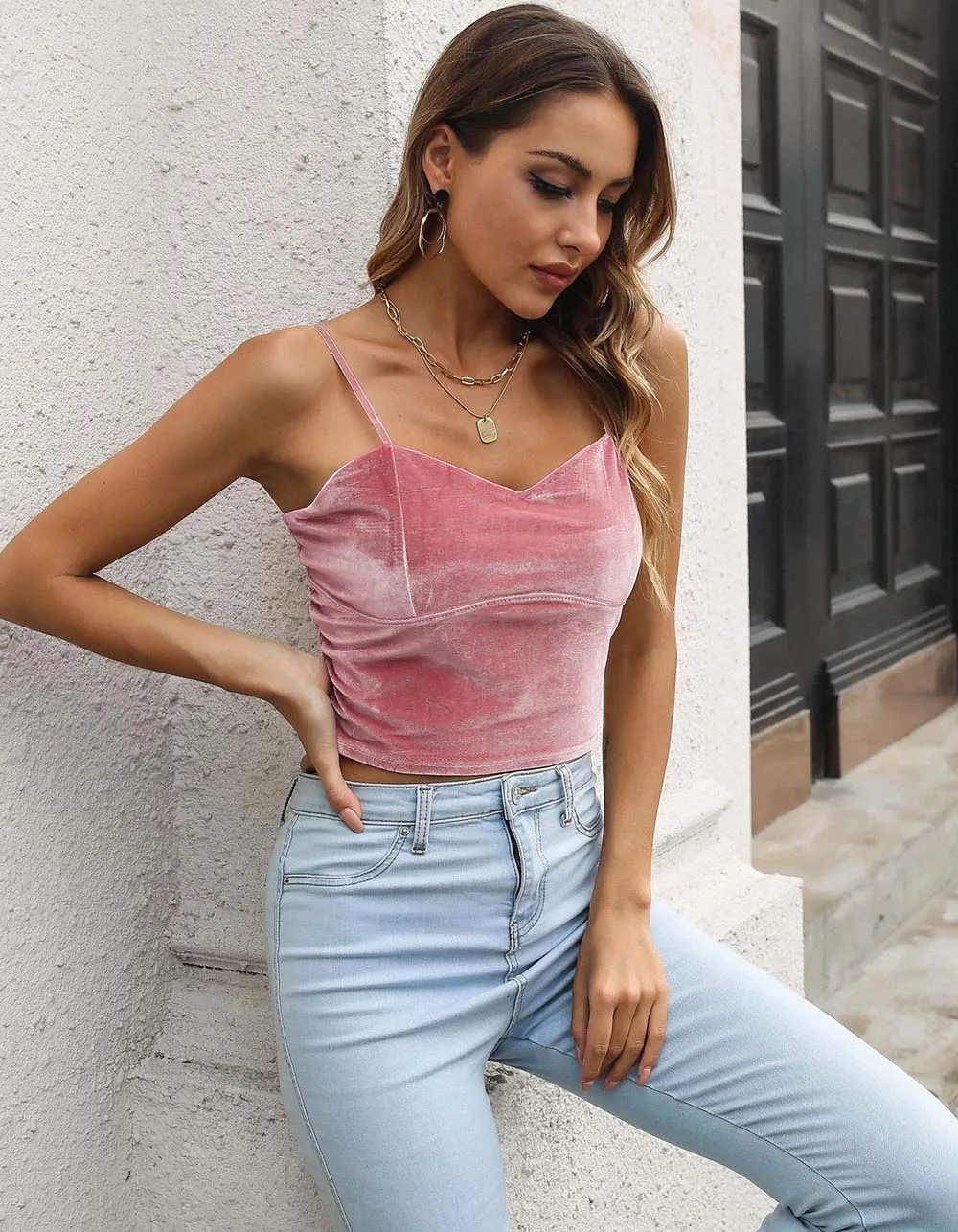 Solid-color Sleeveless Velvet Strap Camisole