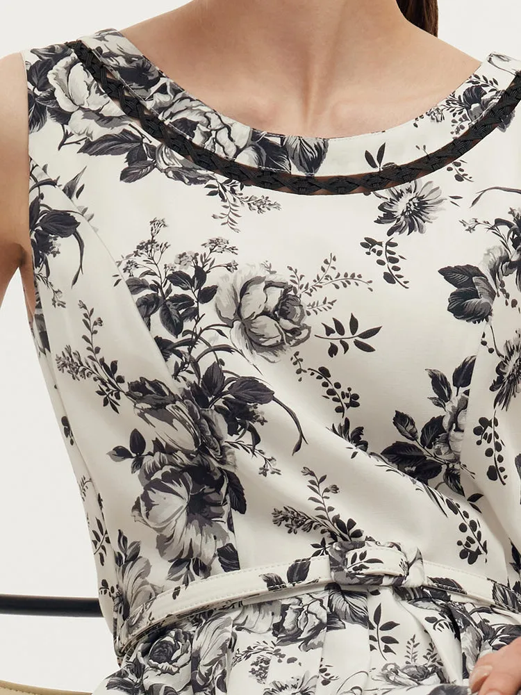 Tencel Print Gathered Waist Women Midi Vest Dress With Belt