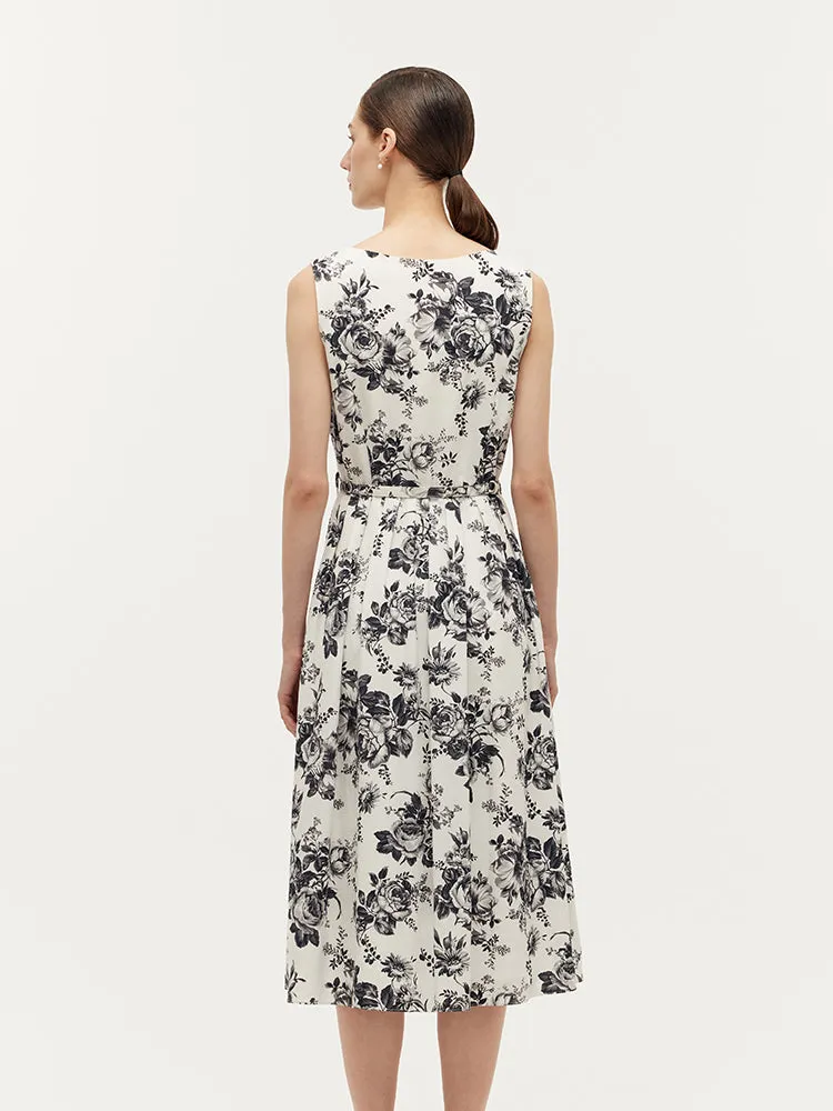 Tencel Print Gathered Waist Women Midi Vest Dress With Belt