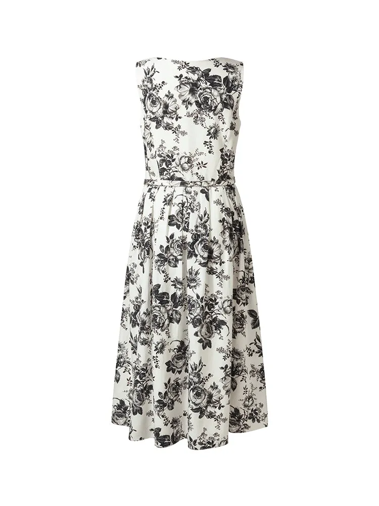 Tencel Print Gathered Waist Women Midi Vest Dress With Belt