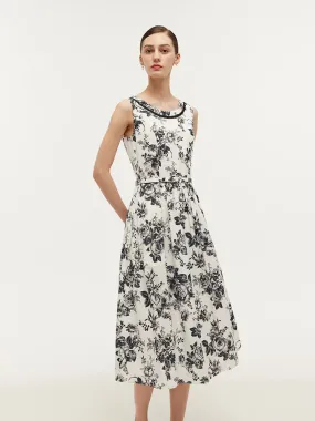 Tencel Print Gathered Waist Women Midi Vest Dress With Belt