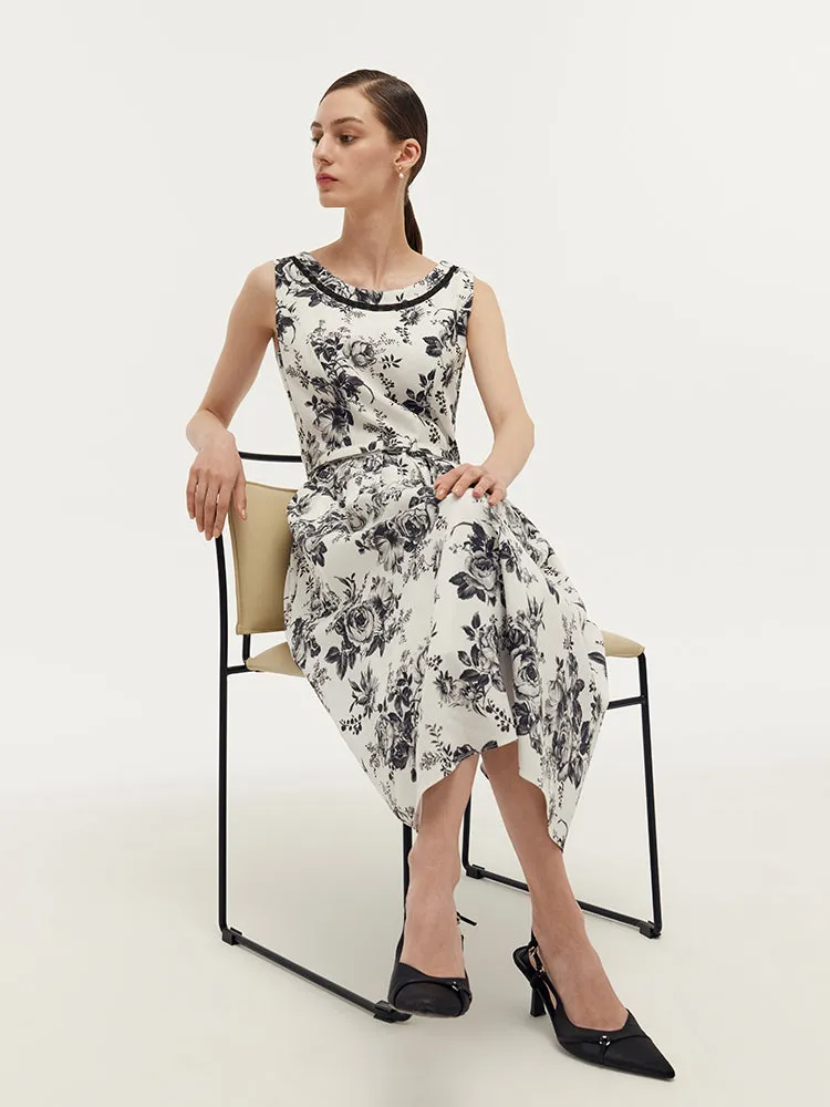 Tencel Print Gathered Waist Women Midi Vest Dress With Belt