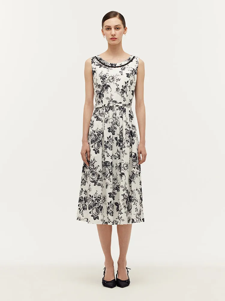 Tencel Print Gathered Waist Women Midi Vest Dress With Belt