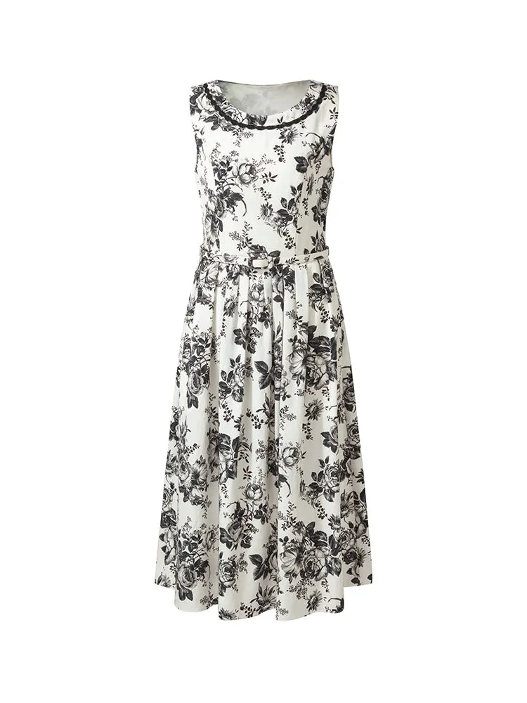 Tencel Print Gathered Waist Women Midi Vest Dress With Belt
