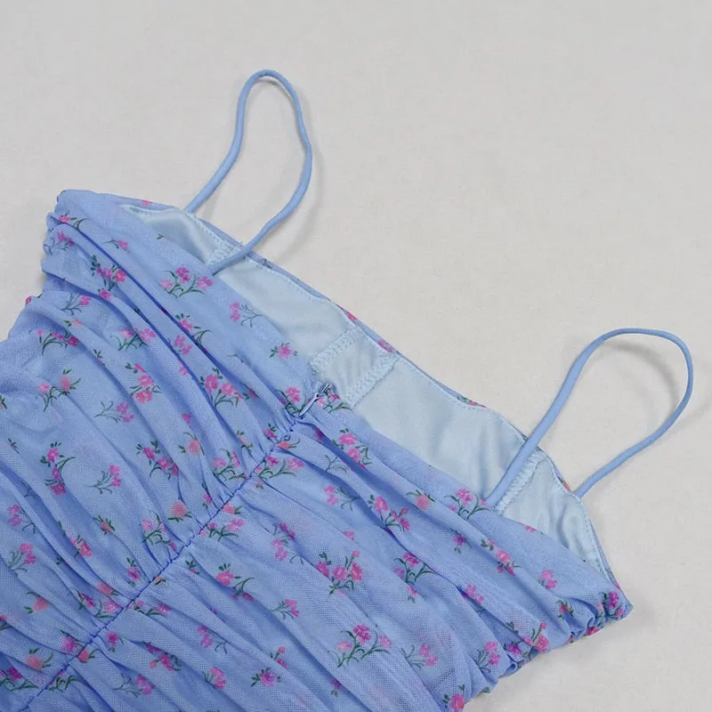 VenusFox Mesh Women Dress Summer Spaghetti Straps Knee-length Elegant Dress Slim Fit Floral Print Ruched Dresses Blue