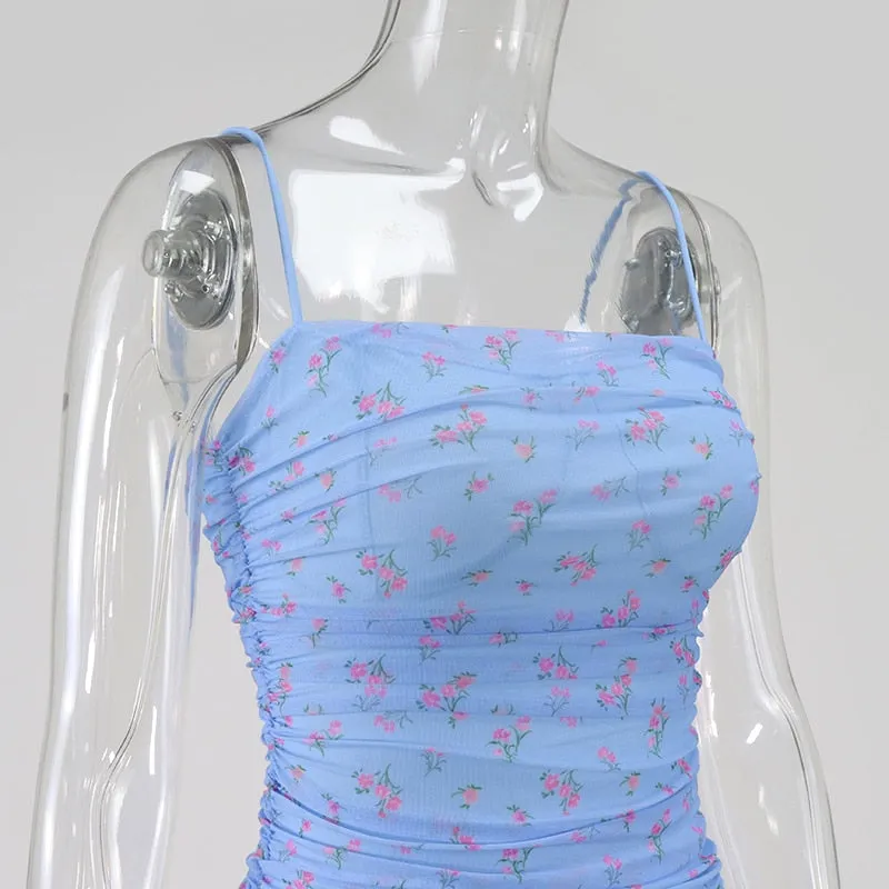 VenusFox Mesh Women Dress Summer Spaghetti Straps Knee-length Elegant Dress Slim Fit Floral Print Ruched Dresses Blue