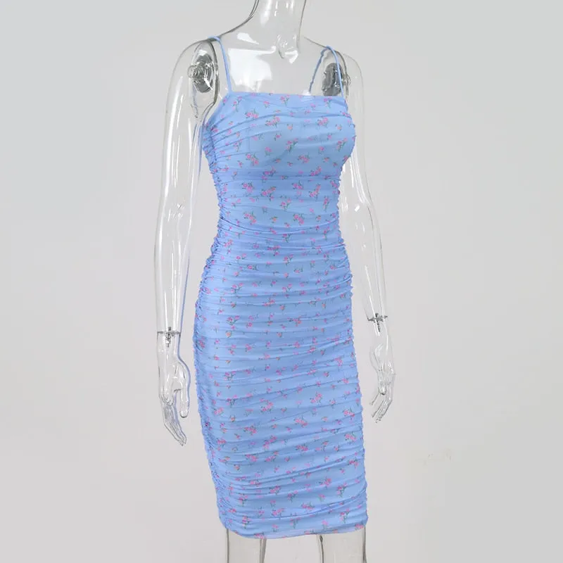 VenusFox Mesh Women Dress Summer Spaghetti Straps Knee-length Elegant Dress Slim Fit Floral Print Ruched Dresses Blue