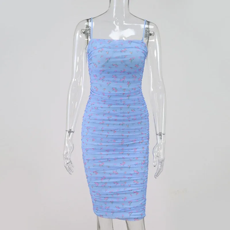 VenusFox Mesh Women Dress Summer Spaghetti Straps Knee-length Elegant Dress Slim Fit Floral Print Ruched Dresses Blue