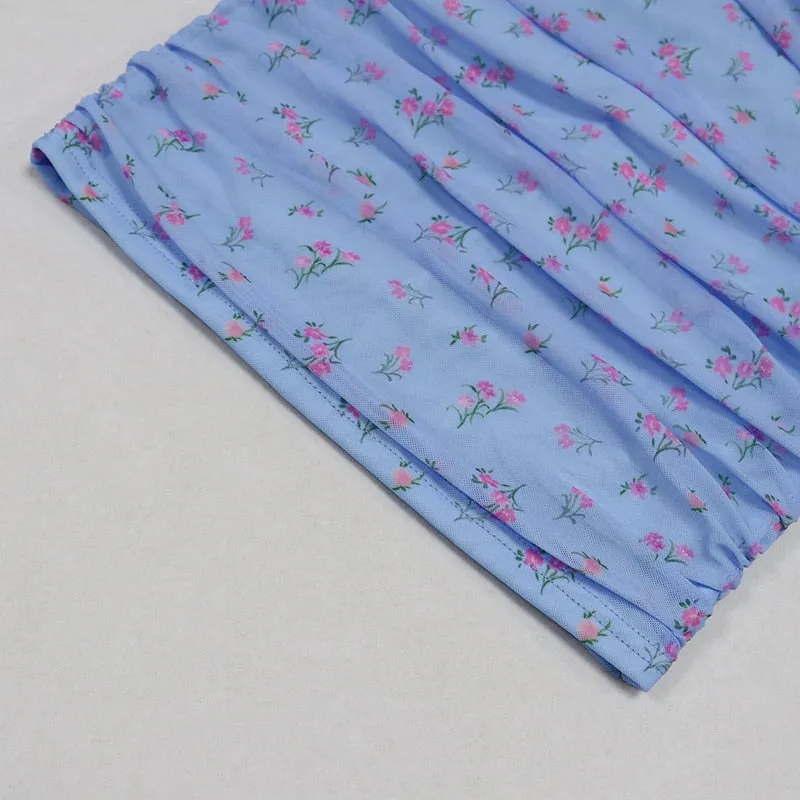 VenusFox Mesh Women Dress Summer Spaghetti Straps Knee-length Elegant Dress Slim Fit Floral Print Ruched Dresses Blue