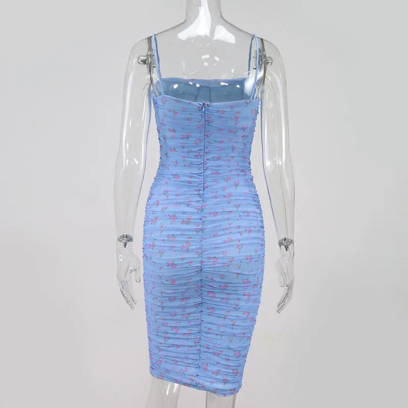 VenusFox Mesh Women Dress Summer Spaghetti Straps Knee-length Elegant Dress Slim Fit Floral Print Ruched Dresses Blue
