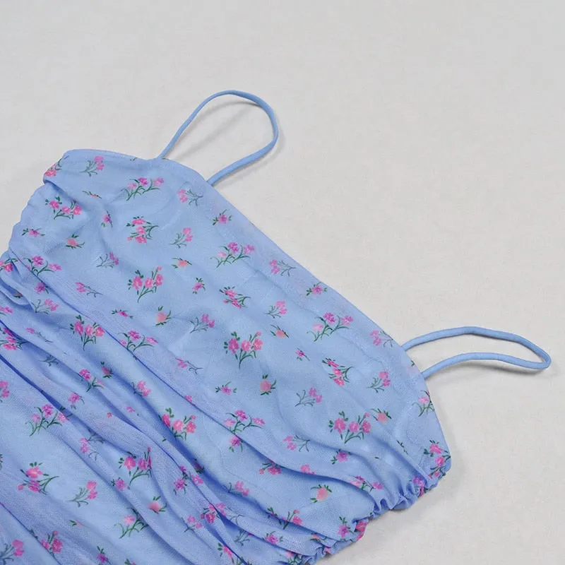 VenusFox Mesh Women Dress Summer Spaghetti Straps Knee-length Elegant Dress Slim Fit Floral Print Ruched Dresses Blue