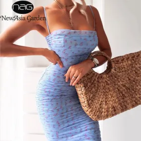 VenusFox Mesh Women Dress Summer Spaghetti Straps Knee-length Elegant Dress Slim Fit Floral Print Ruched Dresses Blue