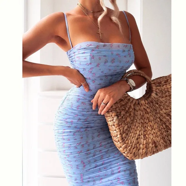 VenusFox Mesh Women Dress Summer Spaghetti Straps Knee-length Elegant Dress Slim Fit Floral Print Ruched Dresses Blue