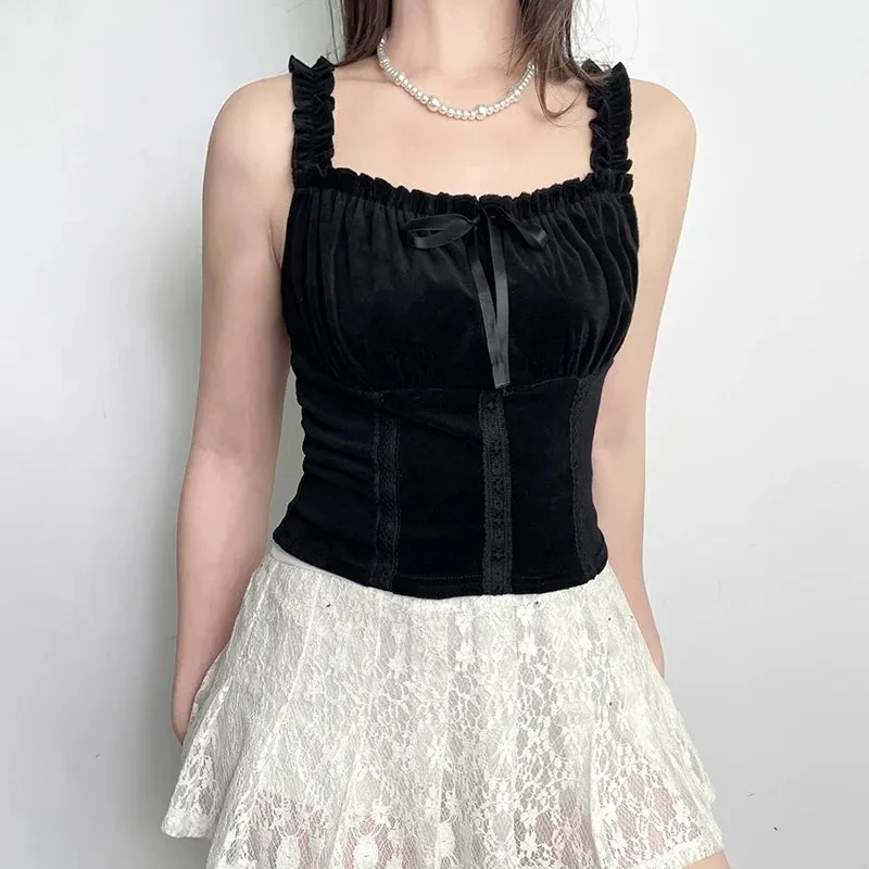 Vintage Gothic Fold Women Tops Camisole Y2K Aesthetic Ruched Tie Up Bow Crop Top Short 90s Grunge Chic Party Clothing