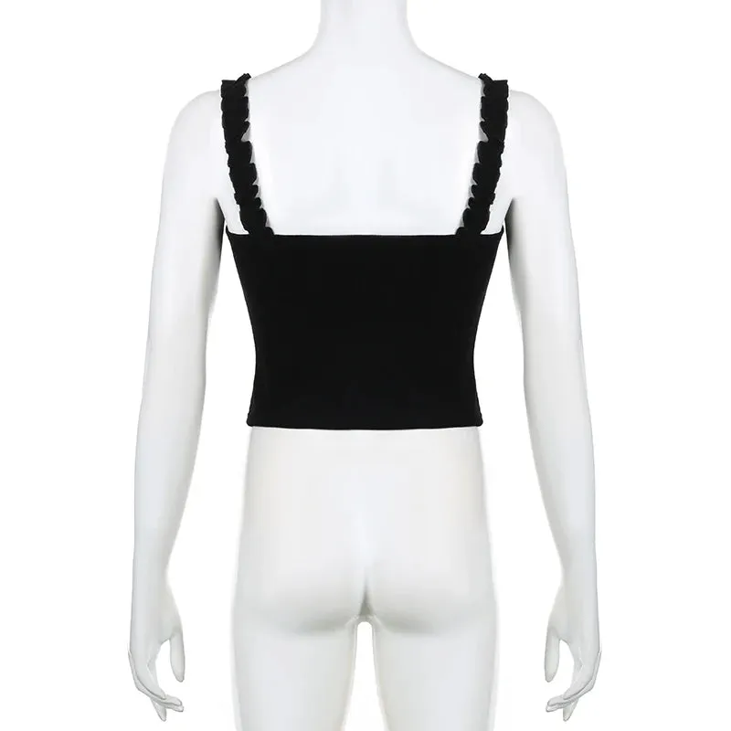 Vintage Gothic Fold Women Tops Camisole Y2K Aesthetic Ruched Tie Up Bow Crop Top Short 90s Grunge Chic Party Clothing