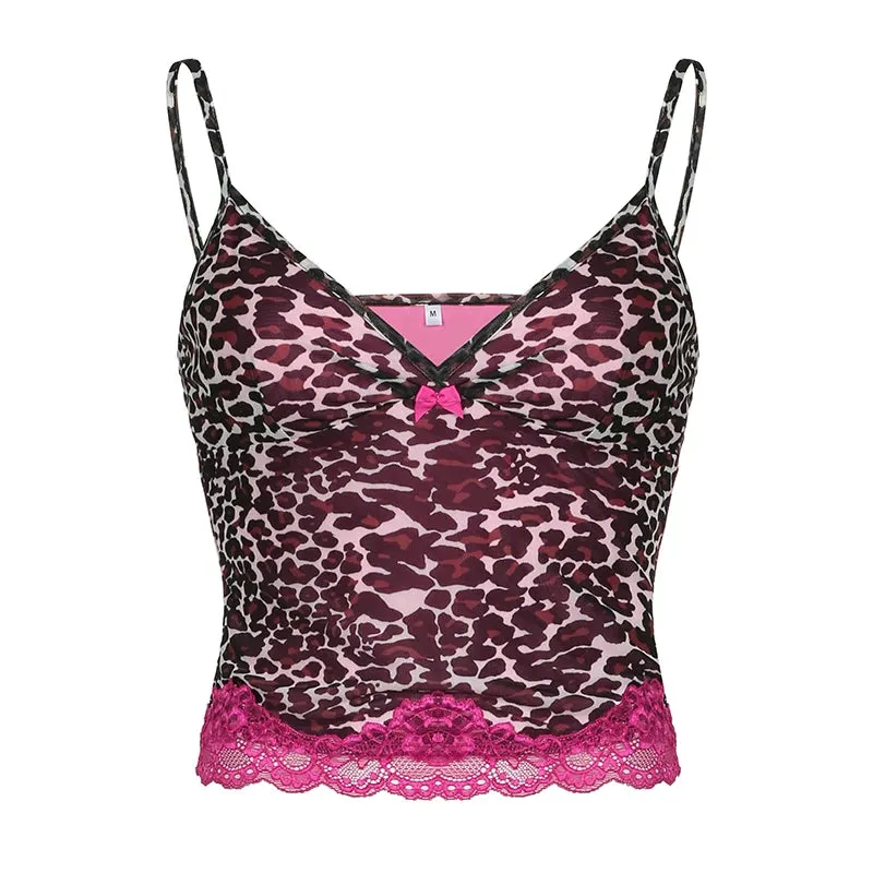 Vintage Strap Y2K Aesthetic Summer Tops Women Leopard Camisole Lace Patchwork 2000s Aesthetic Chic Cropped Top Kawaii