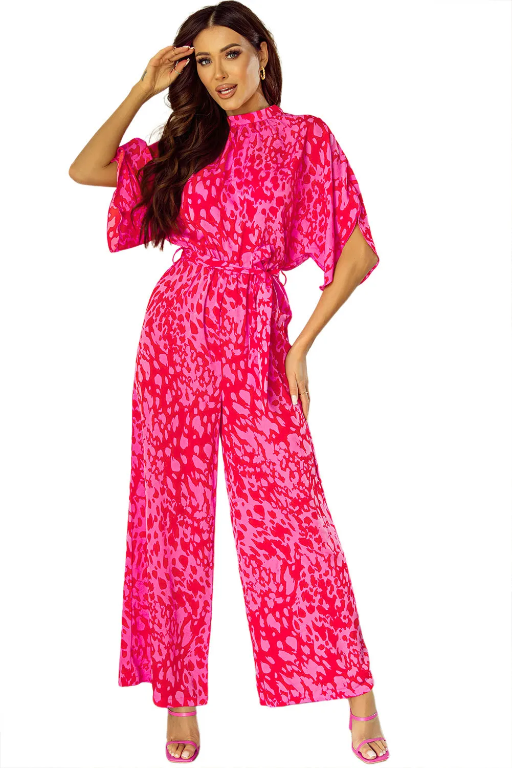 Women's Printed Mock Neck Kimono Sleeve Wide Leg Jumpsuit